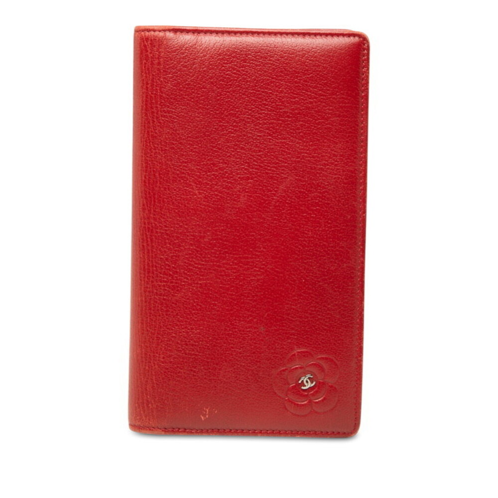 Chanel Coco Mark Camellia Bi-fold Long Wallet, Red Leather, Women's CHANEL